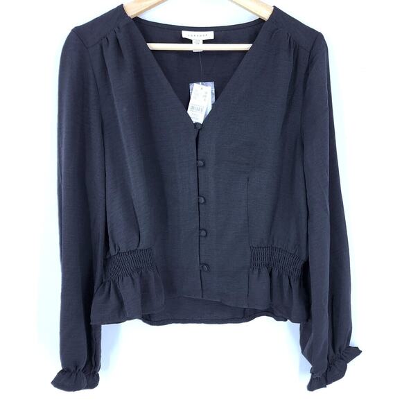Topshop Peplum Waist V-Neck Millie Twill Tea Top Sz 6 US in Black NWT - Picture 1 of 8